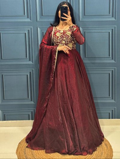 Maroon Silk Blend Embroidery Gown Dupatta Set Of 2 - BONYHUBSALWAR KAMEEZ
