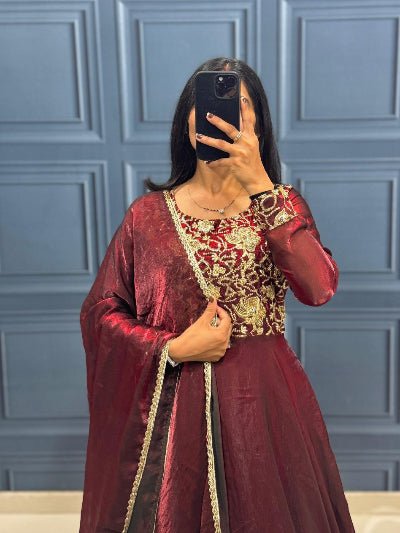 Maroon Silk Blend Embroidery Gown Dupatta Set Of 2 - BONYHUBSALWAR KAMEEZ