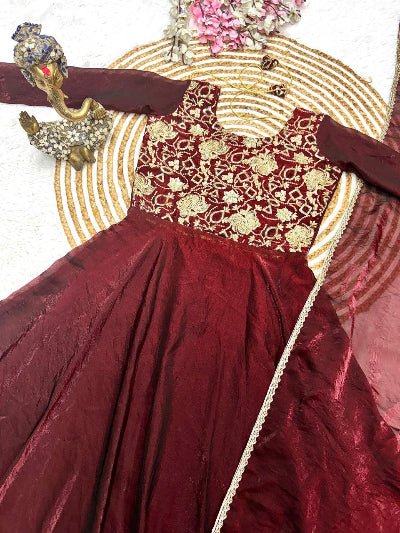 Maroon Silk Blend Embroidery Gown Dupatta Set Of 2 - BONYHUBSALWAR KAMEEZ
