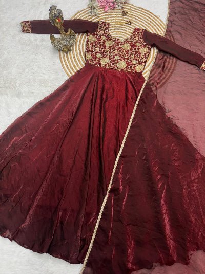 Maroon Silk Blend Embroidery Gown Dupatta Set Of 2 - BONYHUBSALWAR KAMEEZ