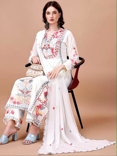 White Georgette Multicolor Embroidery Straight Suit - BONYHUBSALWAR KAMEEZ