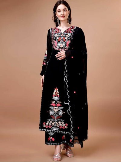 Black Georgette Multicolor Embroidery Straight Suit - BONYHUBSALWAR KAMEEZ