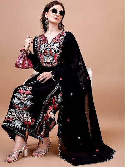 Black Georgette Multicolor Embroidery Straight Suit - BONYHUBSALWAR KAMEEZ