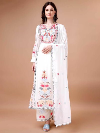 White Georgette Multicolor Embroidery Straight Suit - BONYHUBSALWAR KAMEEZ