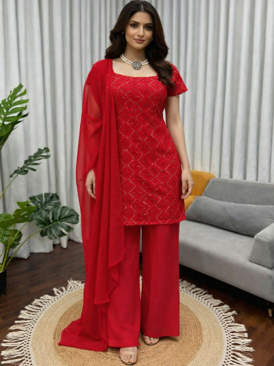 Red Georgette Partywear Sequins Work Palazzo Suit