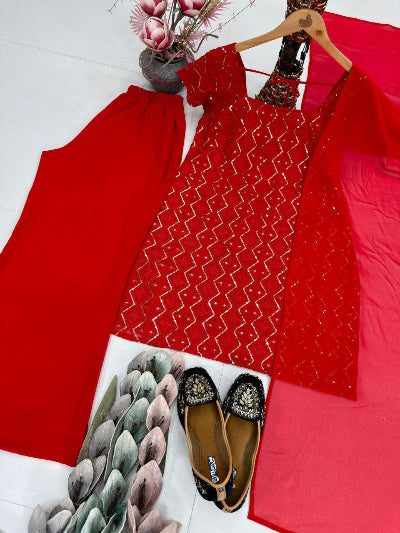 Red Georgette Partywear Sequins Work Palazzo Suit