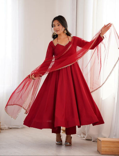 Hot Pink Roman Silk Chanderi Anarkali Suit Set