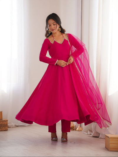Hot Pink Roman Silk Chanderi Anarkali Suit Set