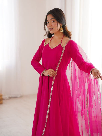 Hot Pink Roman Silk Chanderi Anarkali Suit Set