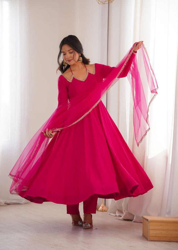 Hot Pink Roman Silk Chanderi Anarkali Suit Set