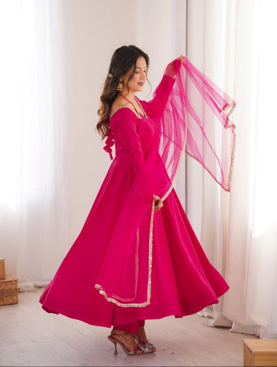 Hot Pink Roman Silk Chanderi Anarkali Suit Set