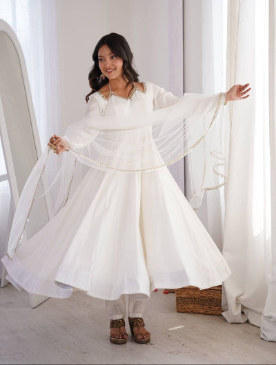 Pearl White Roman Silk Chanderi Anarkali Suit Set