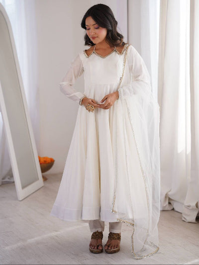 Pearl White Roman Silk Chanderi Anarkali Suit Set