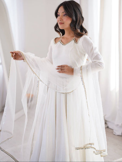 Pearl White Roman Silk Chanderi Anarkali Suit Set