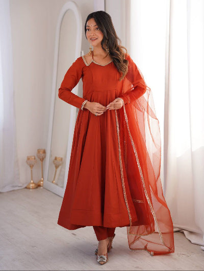Rust Orange Roman Silk Chanderi Anarkali Suit Set