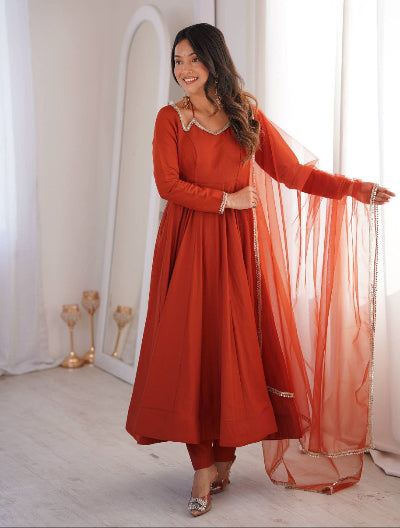 Rust Orange Roman Silk Chanderi Anarkali Suit Set