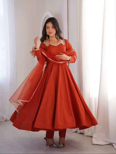 Rust Orange Roman Silk Chanderi Anarkali Suit Set