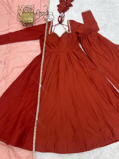Rust Orange Roman Silk Chanderi Anarkali Suit Set