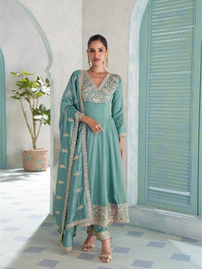 Pastel Blue Silk Embroidery Work Anarkali Suit - BONYHUBSALWAR KAMEEZ