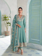 Pastel Blue Silk Embroidery Work Anarkali Suit - BONYHUBSALWAR KAMEEZ