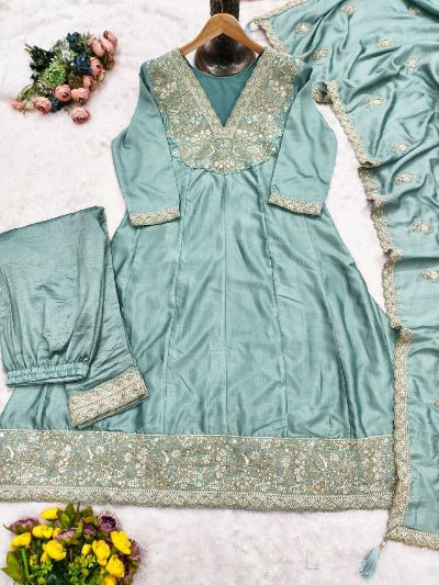 Pastel Blue Silk Embroidery Work Anarkali Suit - BONYHUBSALWAR KAMEEZ