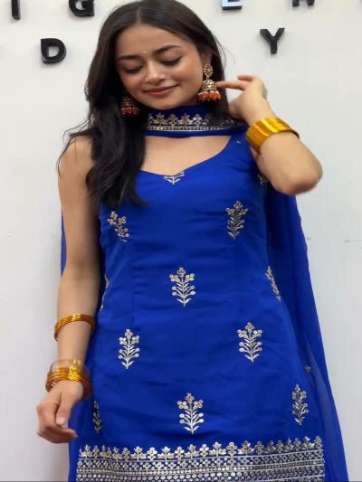 Electric Blue Georgette Thread Sequins Work Sharara Set - BONYHUBSALWAR KAMEEZ