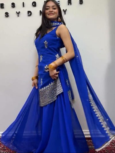 Electric Blue Georgette Thread Sequins Work Sharara Set - BONYHUBSALWAR KAMEEZ
