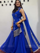 Electric Blue Georgette Thread Sequins Work Sharara Set - BONYHUBSALWAR KAMEEZ