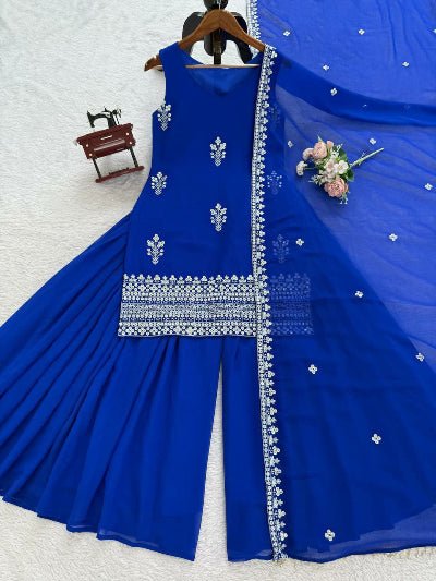 Electric Blue Georgette Thread Sequins Work Sharara Set - BONYHUBSALWAR KAMEEZ