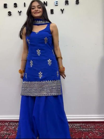 Electric Blue Georgette Thread Sequins Work Sharara Set - BONYHUBSALWAR KAMEEZ