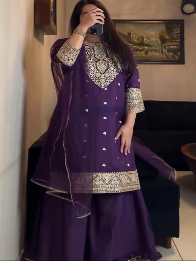 Purple Georgette Sequence Work Sharara Set - BONYHUBSALWAR KAMEEZ