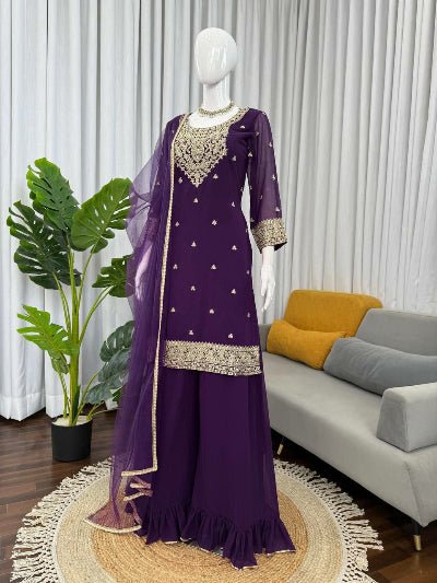 Purple Georgette Sequence Work Sharara Set - BONYHUBSALWAR KAMEEZ
