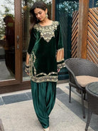 Bottle Green Gold Velvet Punjabi Patiyala Suit - BONYHUBSALWAR KAMEEZ