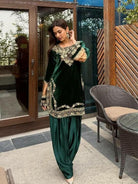 Bottle Green Gold Velvet Punjabi Patiyala Suit - BONYHUBSALWAR KAMEEZ