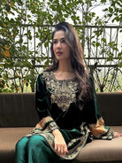 Bottle Green Gold Velvet Punjabi Patiyala Suit - BONYHUBSALWAR KAMEEZ