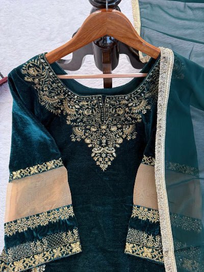 Bottle Green Gold Velvet Punjabi Patiyala Suit - BONYHUBSALWAR KAMEEZ