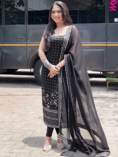 Black Georgette Mirror Work Sleeveless Straight Suit - BONYHUBSALWAR KAMEEZ