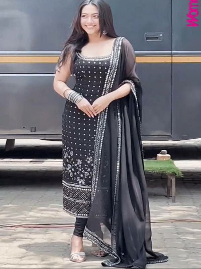 Black Georgette Mirror Work Sleeveless Straight Suit - BONYHUBSALWAR KAMEEZ