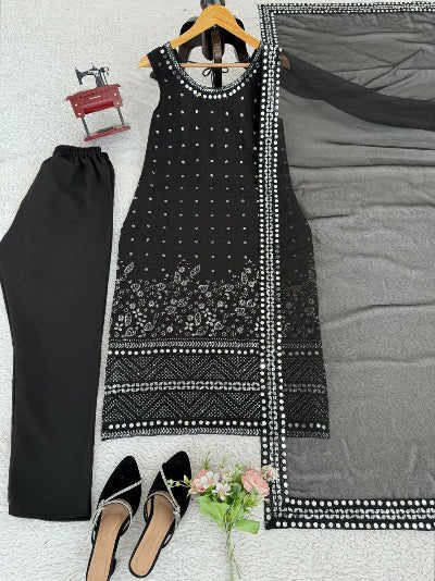 Black Georgette Mirror Work Sleeveless Straight Suit - BONYHUBSALWAR KAMEEZ