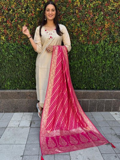 Cream Beige Roman Silk Suit With Pink Banarasi Dupatta - BONYHUBSALWAR KAMEEZ