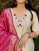 Cream Beige Roman Silk Suit With Pink Banarasi Dupatta - BONYHUBSALWAR KAMEEZ