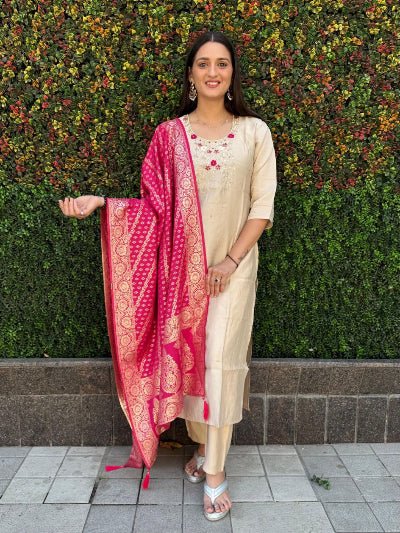 Cream Beige Roman Silk Suit With Pink Banarasi Dupatta - BONYHUBSALWAR KAMEEZ