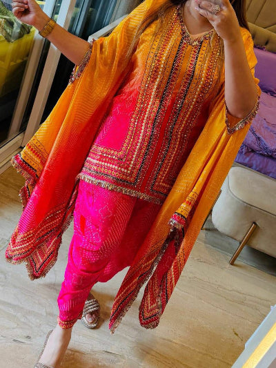 Yellow &amp; Pink Chinon Silk Kaftaan Dhoti Set