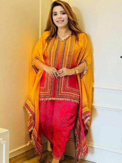 Yellow &amp; Pink Chinon Silk Kaftaan Dhoti Set