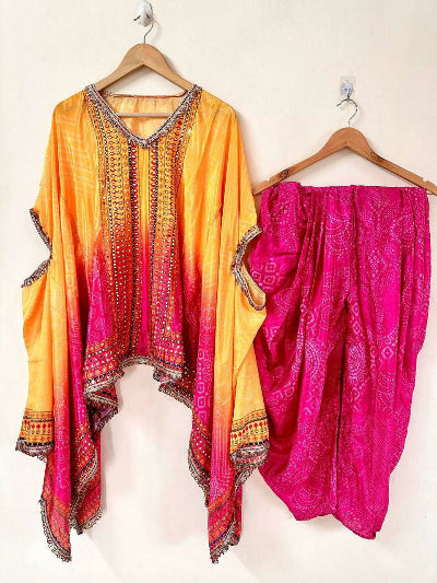 Yellow &amp; Pink Chinon Silk Kaftaan Dhoti Set