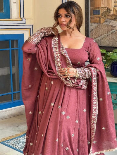 Deep Mauve Dusty Chanderi Silk Anarkali Suit