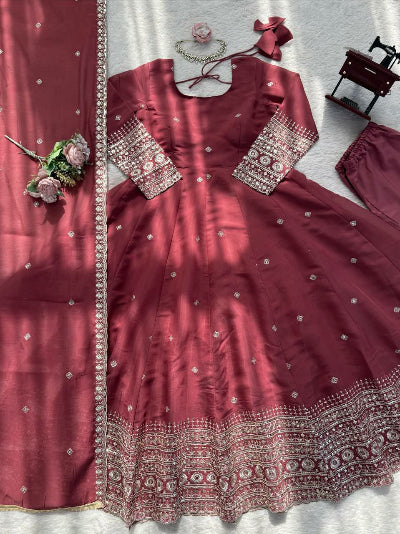 Deep Mauve Dusty Chanderi Silk Anarkali Suit