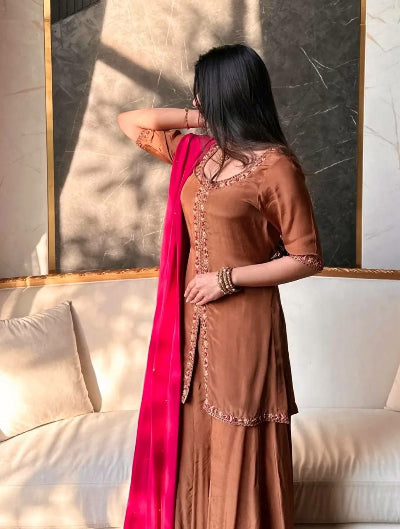 Chocolate Brown Crepe Silk Embroidery Palazzo Suit