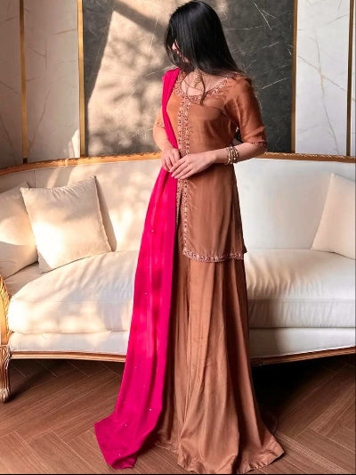 Chocolate Brown Crepe Silk Embroidery Palazzo Suit