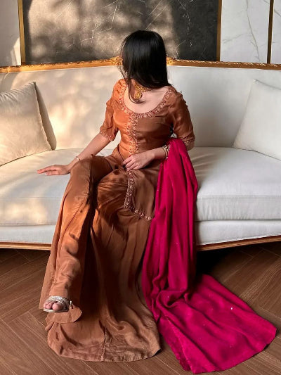 Chocolate Brown Crepe Silk Embroidery Palazzo Suit